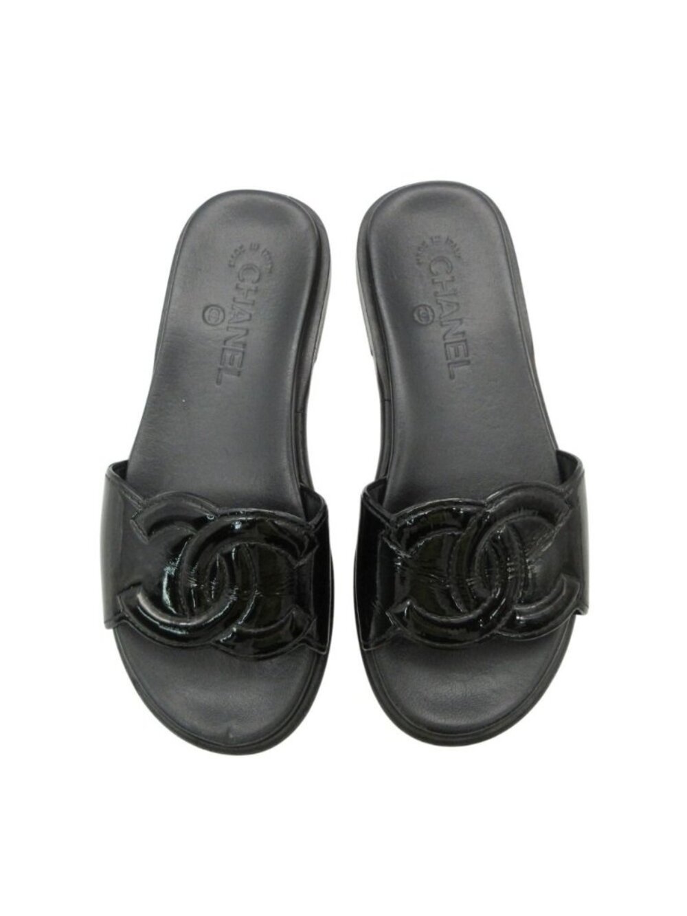 Chanel Beach Sandals Slide Flat CC Logo Enamel Patent Leather Black